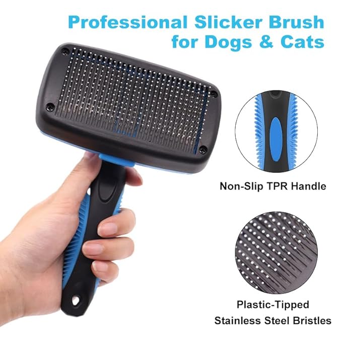 Self Cleaning Slicker Brush for Dogs & Cats, Gentle Deshedding and Hair Removal Tool for Long & Short Haired Pets, Easy Push Button, Green