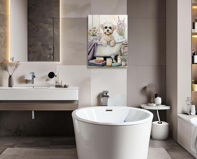 Framed Cute Dog Bathroom Wall Art Canvas Spa Bath Decor Gifts 12x16 Inches | Cute dog bathroom canvas with bath tub sunglasses lavender towels ready to hang for spa bathroom powder room pet lover decor