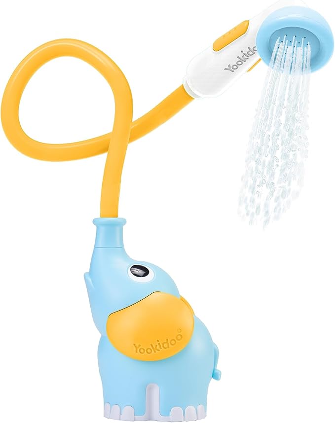 Yookidoo Baby Bath Shower Head - Elephant Water Pump and Trunk Spout Sprayer - One Handed Flow Control for Newborn Babies in Tub Or Sink (Blue&Orange)