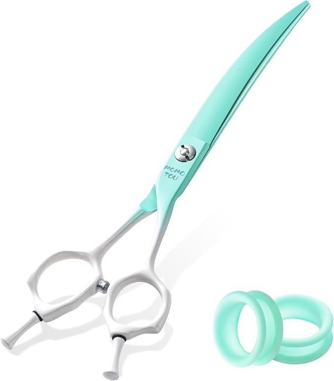 7'' Curved Dog Grooming Scissors Green to White Gradient | 440C Stainless Steel, Sharp Durable, Professional or Home Use, Ergonomic Handle with 2 Silicone Finger Rings