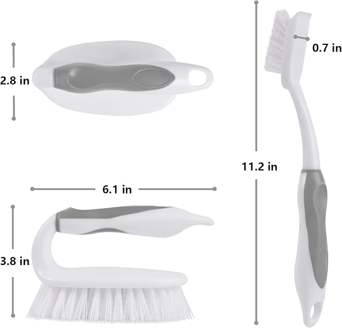 Scrub Brush Set, 4 Pack Deep Cleaning Brush Kit - 2 Scrub Brush, 2 Tile & Grout Brush with Built-in Scraper, Household Commercial Scrubber for Floor, Shower, Pool Wall, Tub (Gray)