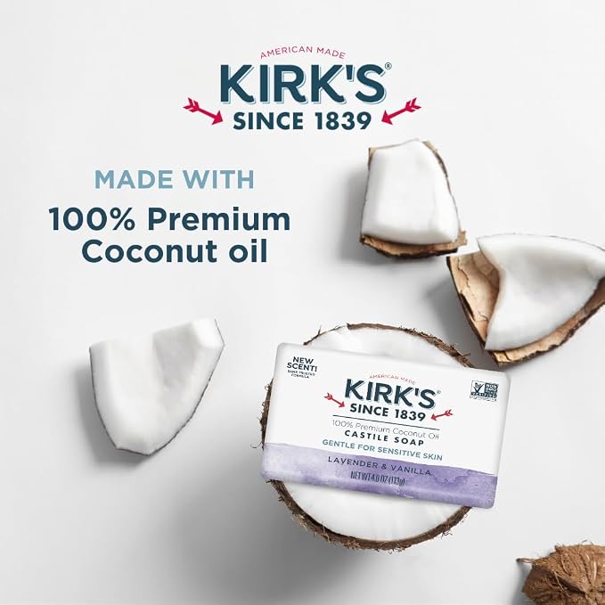 Kirk's Castile Bar Soap, Lavender & Vanilla - Clinically Tested, Safe for Sensitive Skin with Coconut Oil, Vegan and Non-GMO - 4 oz Bars, 6 Pack