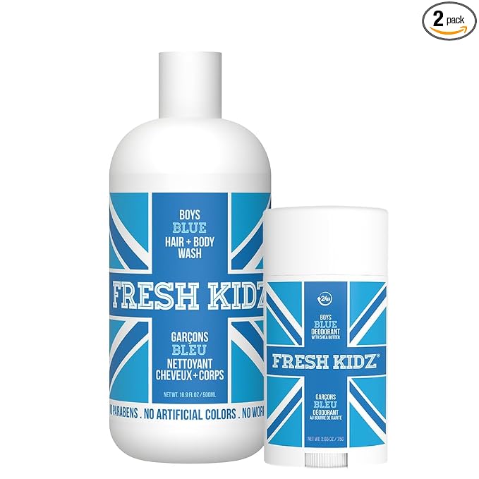 Fresh Kidz Hair & Body Wash 16.9 fl.oz. and Stick Deodorant 2.65 oz for Kids and Teens - Boys Blue Set
