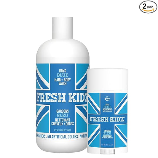 Fresh Kidz Hair & Body Wash 16.9 fl.oz. and Stick Deodorant 2.65 oz for Kids and Teens - Boys Blue Set