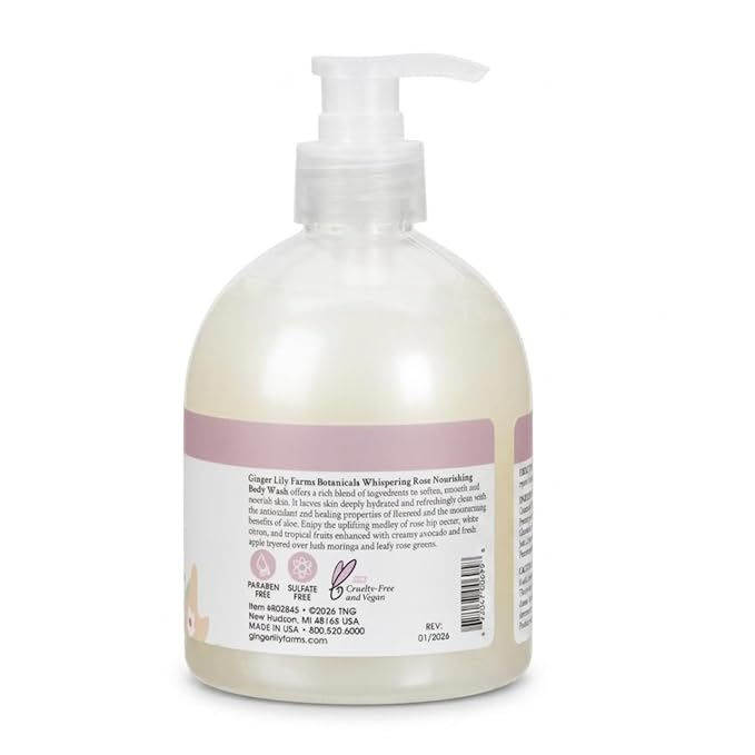 Ginger Lily Farms Botanicals Nourishing Body Wash, 100% Vegan & Cruelty-Free, Whispering Rose Scent, 16.9 Fl Oz