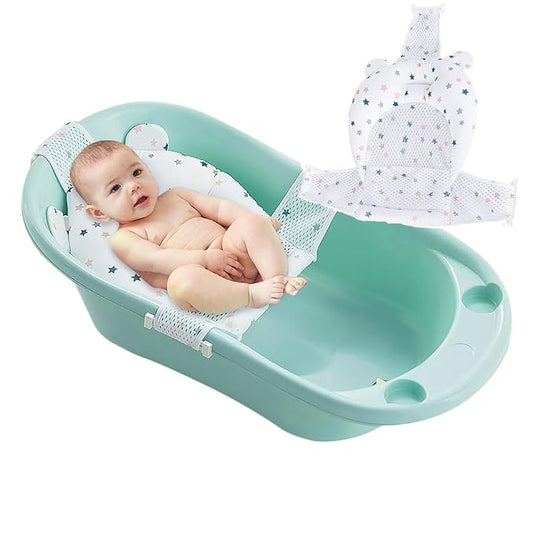 Baby Flotation Bath Cushion Infant Bath Seat Support Net Newborn Bathtub Mesh Pad with Pillow Baby Shower Lie Seat Toddler Bathing Shower Breathable Mat for 0-24 Months