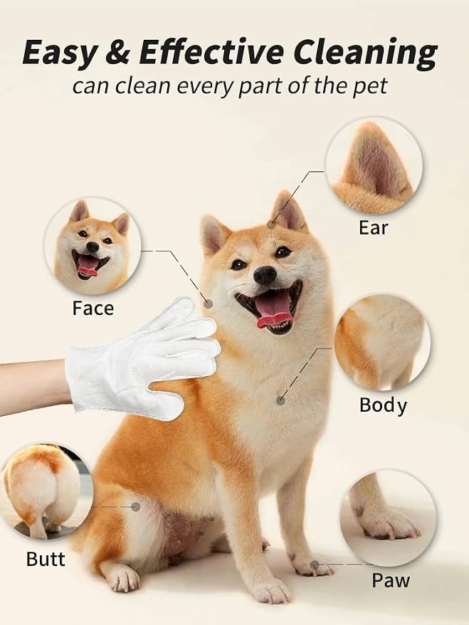 Pet Grooming Glove Wipes(Individually Wrap), Disposable Cleaning Gloves for Dog Bath, Unscented, Deodorant Bath Gloves, No-Rinse, Extra Large, Thickened Wipes for Dog Cat Daily Care, Traveling (6pcs)