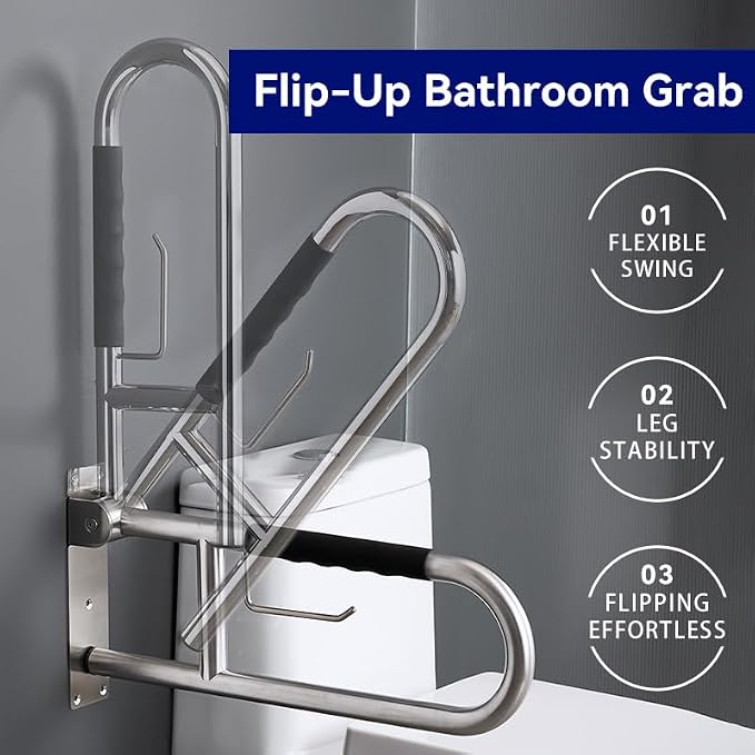 Toilet Grab Bar 23.6 Inch, BVTOURA Flip-Up Safety Rail with Soft Silicone Anti-Slip Finger-Grip Handle and Paper Holder, Stainless Steel U-Shaped Support Bar for Elderly Disabled, Brushed Nickel
