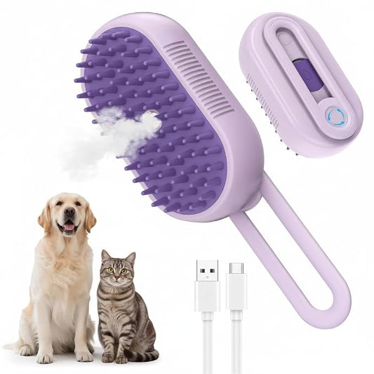4 in 1 Rechargeable Dog & Cat Steam Brush, Portable Grooming Tool for Massage, Shedding, Grooming, Bathing, Anti-Static & Reduce Flying Fur, Suitable for Short & Long-haired Pets (purple)