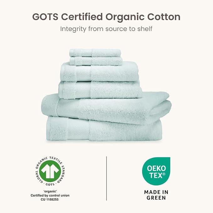 BIOWEAVES 100% Organic Cotton 700 GSM Plush 6-Piece Towel Set GOTS Certified, 2 Bath Towels, 2 Hand Towels & 2 Washcloths - Seafoam