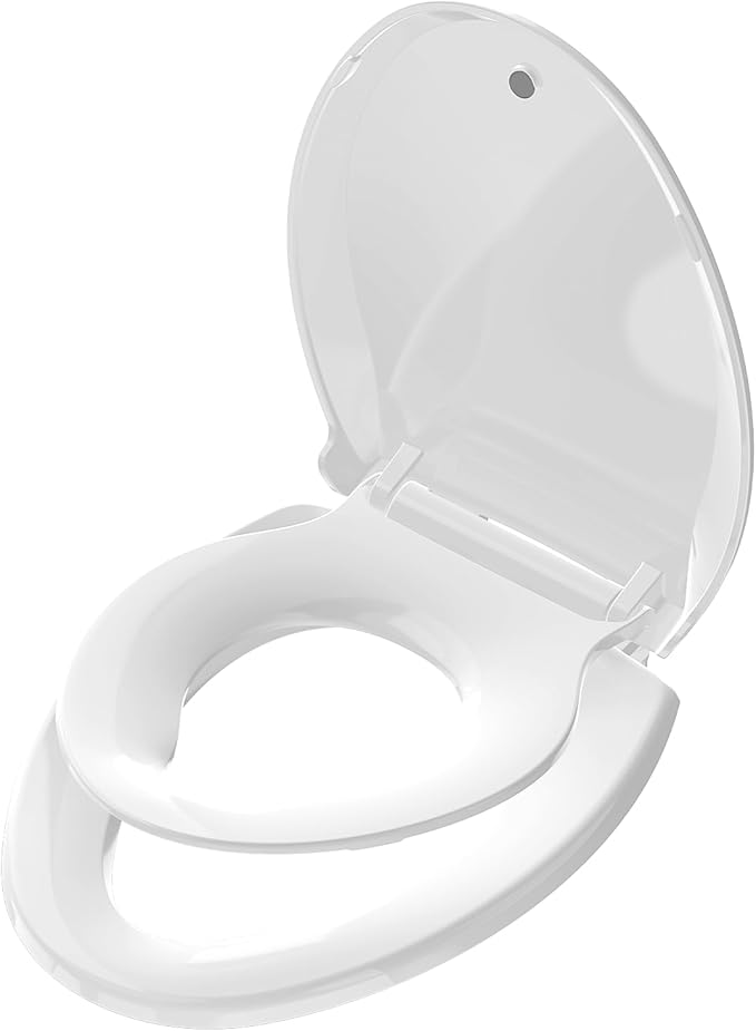 Aünsffer Family Toilet Seat Elongated, Built-in Toddler Potty Training Seat, Baby Toilet lid 2 in 1 Soft Close Quiet with Magnet, Easy Clean PP Material Safe and No Loosen (White Elongated 18.5 Inch)
