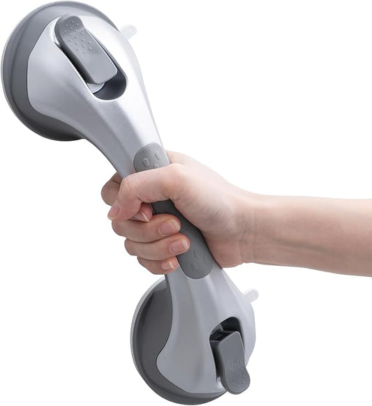 LEVERLOC Grab Bars for Shower Suction Bathtub Safety Rails, Heavy Duty 12 Inch Shower Handle Removable Bath Handrails for Seniors and Elderly, Bathroom Safety Grip No Drilling Waterproof Silver
