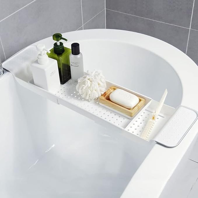 Bathtub Tray Expandable Bath Caddy Storage Rack Multifunctional Bathtub Tub Organizer for Deposit Wash Supplies,Book,Wine,Phone,Bathroom,Shower (White)