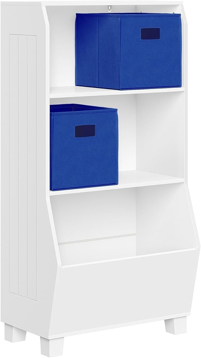 RiverRidge Kids Bookshelf with Veggie Storage and 2 Open Shelves and 2 Blue Fabric Storage Bins - Kids Organizer, Toy Shelf & Book Shelf with Deep Veggie Bin and Top Toy Display Area