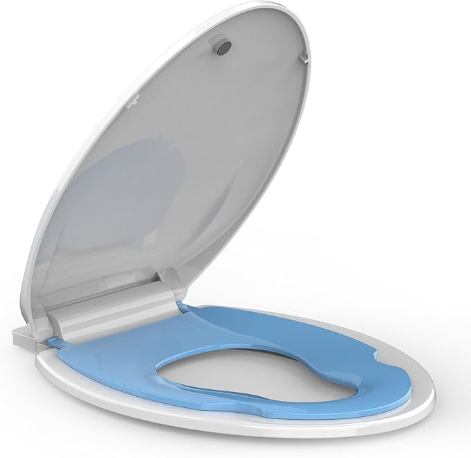 Enlongated Toilet Seat with Built-in Toddler Seat for Easy Potty Training, Baby Toilet lid 2 in 1, Easy Install and Clean, PP Material Safe and No Loosen, Perfect for Both Adults and Children, Blue
