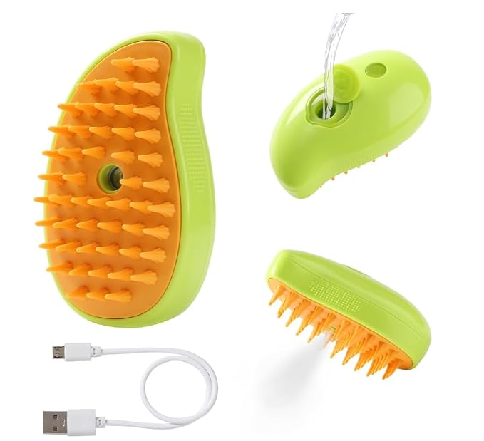 3-in-1 Steam Pet Brush for Cats & Dogs – Self-Cleaning Spray Comb for Grooming, Shedding & Massaging – Quiet Rechargeable Electric Steamer Hair Remover with Mist – Indoor Spa Tool (Green)