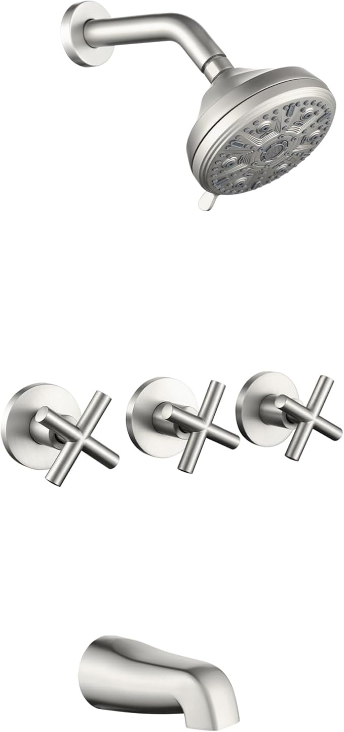 3 Handles Shower Faucet Set with Tub Spout Bathtub Shower Faucets Combo Set Shower System Complete Tub and Shower Trim Kit Brushed Nickel Shower Fixtures