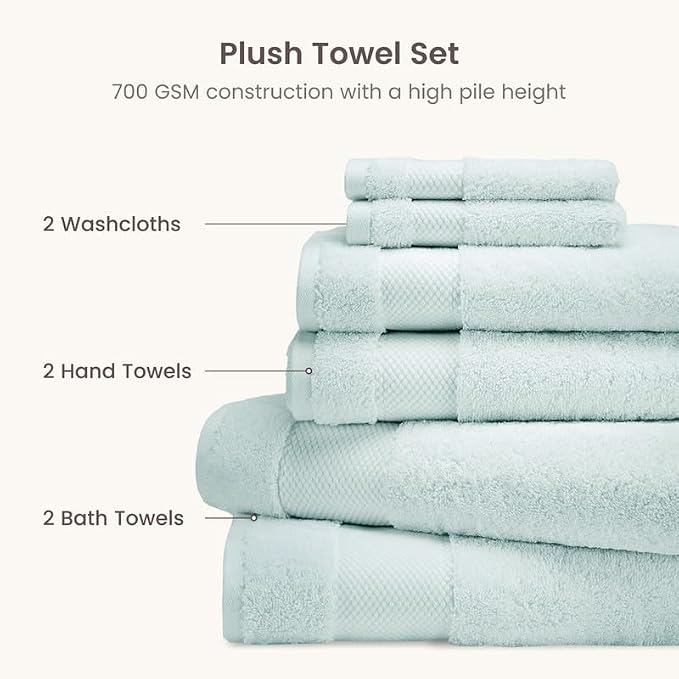 BIOWEAVES 100% Organic Cotton 700 GSM Plush 6-Piece Towel Set GOTS Certified, 2 Bath Towels, 2 Hand Towels & 2 Washcloths - Seafoam