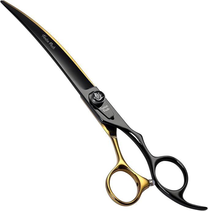 8'' Black Dog Grooming Scissors Goldern Curved Scissors with Ergonomic Offest Handle and Pattern Screw Pet Grooming Trimming Shears Durable and Sharp 440C