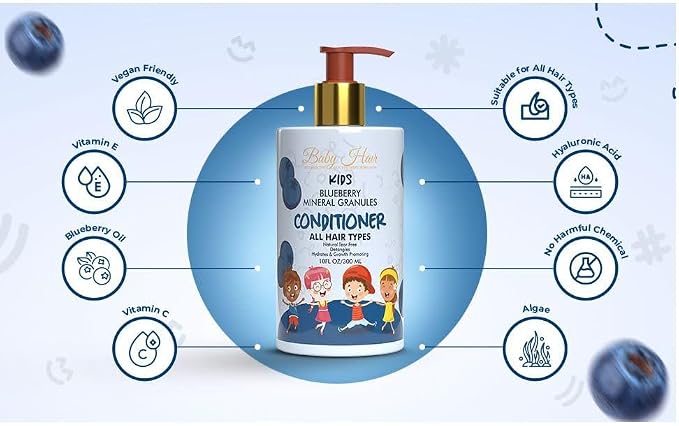 BABY HAIR - Blueberry Mineral Kids Hair Conditioner, Sulfate-Free Toddler Hair Conditioner, Hair Conditioner for Kids with Blueberry & Strawberry Oil, Aloe Vera, and Biotin, 10 fl.oz