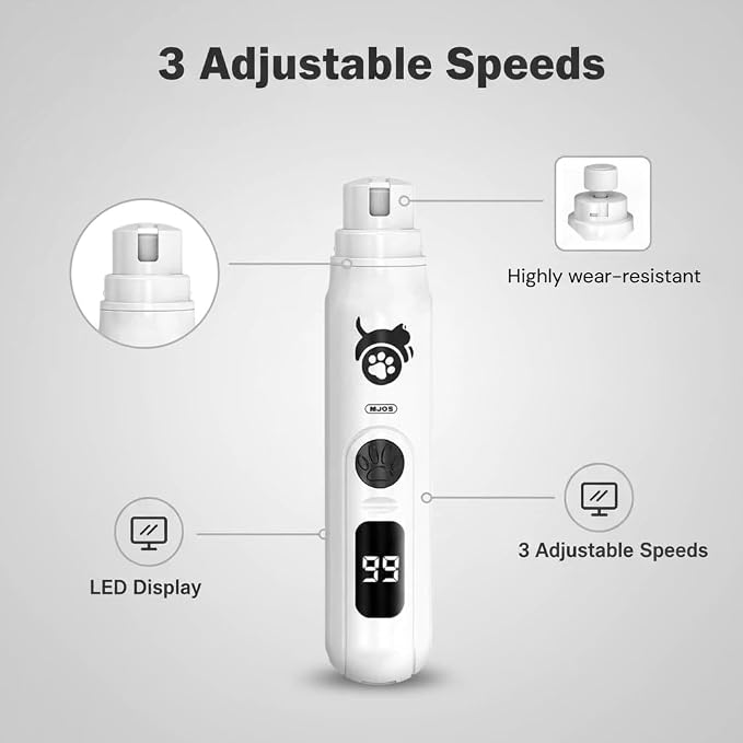 Dog Nail Grinder Quiet Electric Pet Nail Trimmer with Diamond Bit, 3 Speeds & LCD Display, USB Rechargeable Low Noise Professional Nail File for Small Medium Large Dogs & Cats Safe Grooming Tool