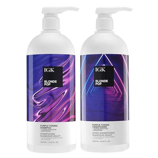 IGK BLONDE POP Purple Toning Shampoo & Conditioner Set | Neutralizes Brass + Brightens Blonde | Vegan + Cruelty-Free | 33.8 oz (Pack of 2)