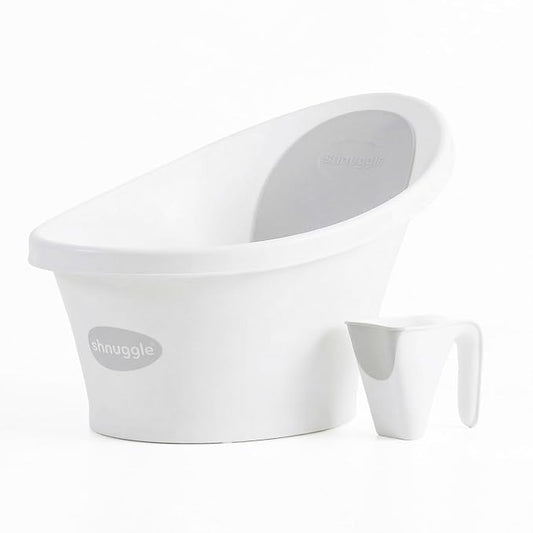 Shnuggle Newborn Bath Essentials Bundle | Baby Bath with Support Bump and Soft Backrest & Rinse Jug | Safe, Gentle, and Stylish Bathtime Set for Babies & Toddlers | White/Grey