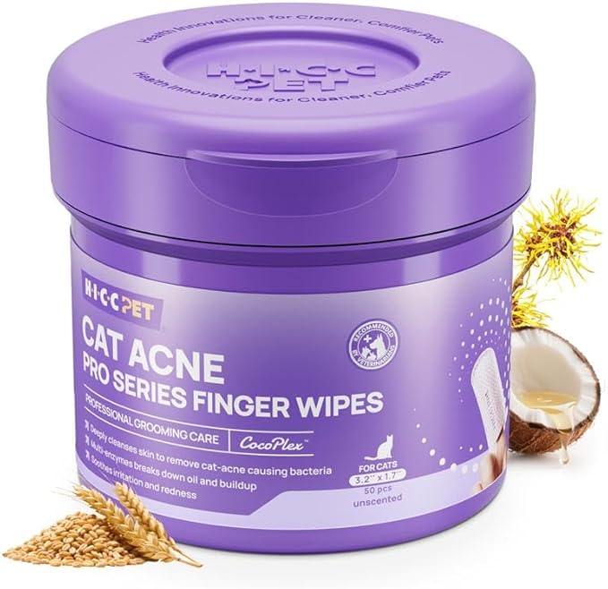 HICC PET Cat Chin Acne Finger Wipes – Gentle Enzyme Complex Daily Chin Cleaning Wipes for Blackheads & Chin Buildup, No-Rinse Natural Formula