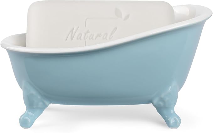 6.1" Vintage Ceramic Mini Decorative Clawfoot Bathtub Bar Soap Dish, Kitchen Sponge Holder and Shower Tray for Bathroom, 1 Pack (Baby Blue)