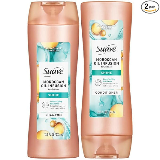 Suave Moroccan Oil Infusion Shine Shampoo and Conditioner for Dull Hair – Salon-Proven System for Brilliant, Shiny Hair, Frizz Control, 12.6 Oz Ea