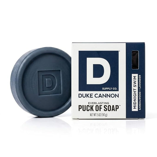 Duke Cannon Supply Co. Bar Soap Puck - Men's Rounded Bar Soap with Masculine Scents - Disc-Shaped Mens Soap - Hydrating & Deep Cleaning - All Skin Types - Midnight Swim, 5 oz