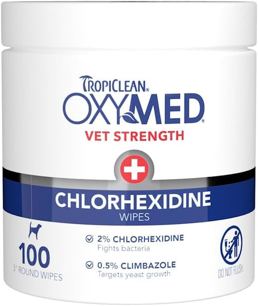 TropiClean OxyMed Chlorhexidine Dog Wipes, Gentle & Effective Dog Skin Irritation Treatment, Cleaning & Deodorizing Chlorhexidine Wipes, Cat Friendly, 100 Count