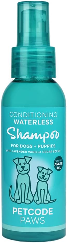 PETCODE PAWS Conditioning & Waterless Shampoo with Argan Oil for Dogs & Cats - Natural Formula with Vitamin-E & Aloe-Vera for No-Rinse Grooming & Dog Cleansing with Lavender Vanilla Cedar Sent - 100ML