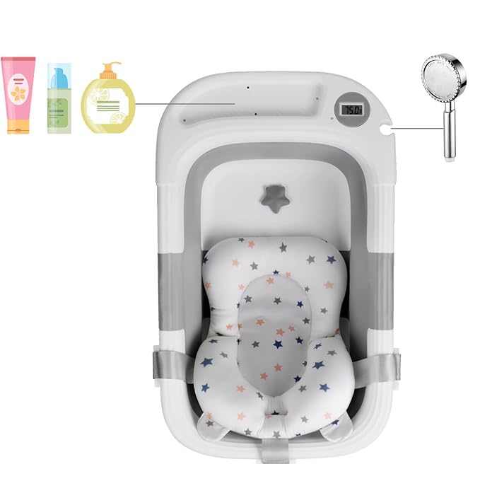 Baby Bathtub for Newborn Infant, Collapsible Baby Bathtub with Temperature Display & Soft Cushion, Infant to Toddler Bathtub, Portable Foldable Travel Bath Tub, 0-24 Months (Grey)