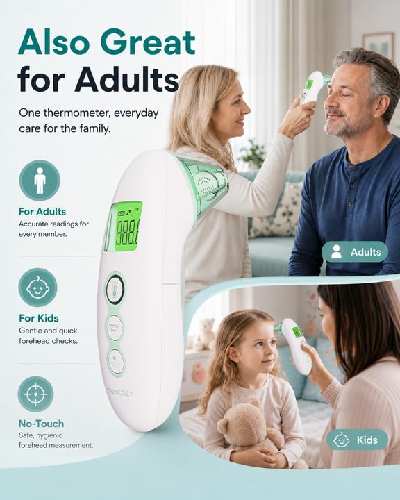 Momcozy Non-Contact Forehead and Ear Thermometer, Digital Infrared Thermometer for Adults and Kids, with Child Mode, Fever Alarm Function, Mute and Memory Functions, Fast and Accurate Measurement