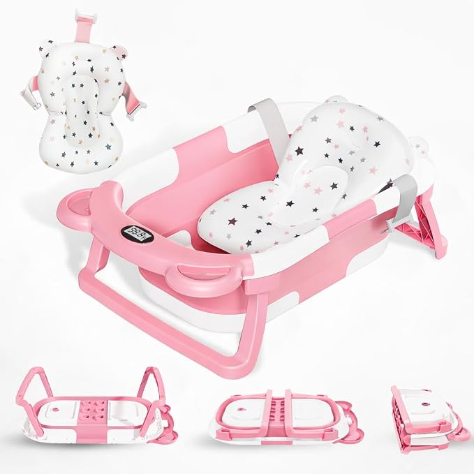 Portable Baby Bathtub with Heat Sensor for Toddlers & Newborns, Padded Baby Bath Tub with Water Release Feature for Travel & Home Baby Bath seat