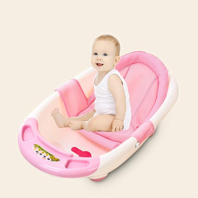 Infant Bath Pad Newborn Bathtub Sling Shower Mesh Cushion Pillow Non-Slip Bath Support Seat Net with 4 Adjustable Safety Belt Buckles Quick Drying Bathing Mat Cradle Hammock for 0-12 Months Toddlers