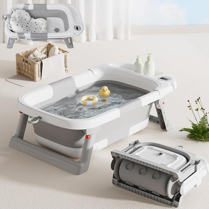 Baby Bathtub for Newborn Infant, Collapsible Baby Bathtub with Temperature Display & Soft Cushion, Infant to Toddler Bathtub, Portable Foldable Travel Bath Tub, 0-24 Months (Grey)
