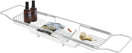 Expandable Bathtub Tray – 26.77" to 35.43" Adjustable Bathtub Caddy | with Natural Marble Board, Raised Guardrails, Tablet/Phone Stand – Home Spa Accessory for Bath, Holds 44 lbs (Silver+White)