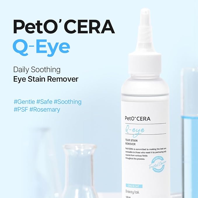PetO’Cera Q-Eye, Eye Stain Remover for Dogs and Cats, Removes Tear Stains, Discharge, Soothes, Neutralizes Odors, Vet Approved, Korean Pet Skin Care (10.1 fl oz, 300ml)