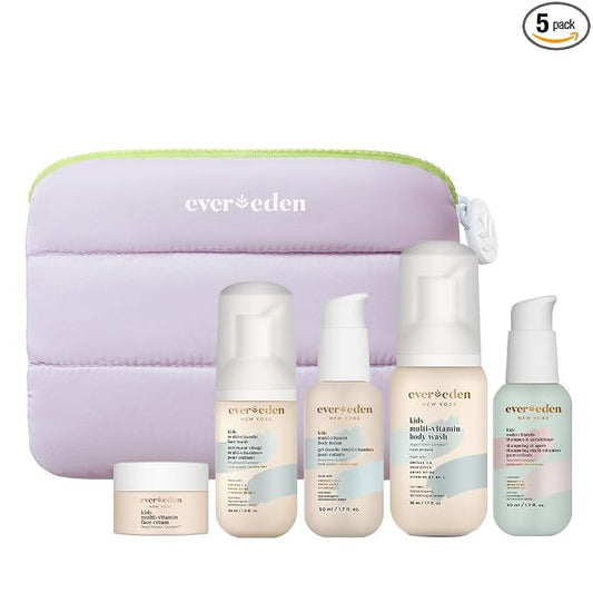 Evereden Kids Travel Essentials Set: Clean & Vegan 5-Piece Skin Care Set for Kids | Body Wash, Lotion, Face Wash, Cream, 2-in-1 Shampoo & Conditioner | TSA-approved | Travel Size Toiletries