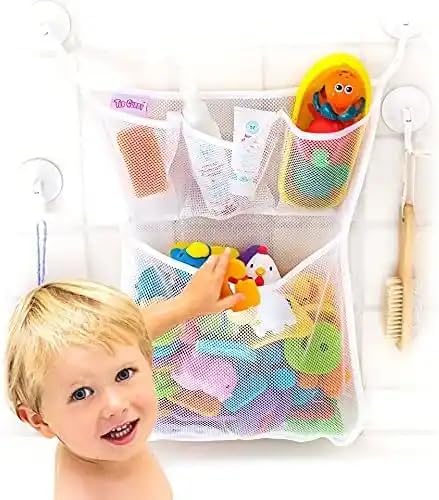 Hanging Bathtub Toy Holder And Shower Caddy - Large 14 X 20 inch, Multi use net Bag with 2 Suction and 2 Adhesive Hooks, Quick Dry, Bedroom - Car Toy Organizer.