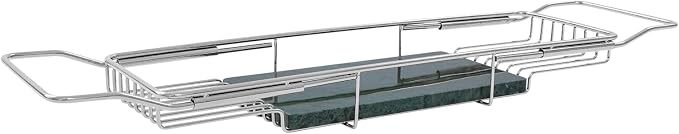 Bathtub Tray Caddy for Luxury Bath, Stainless Steel 26.8-35.4 in Expandable Extra Wide Bath Tub Tray with Natural Marble and Mobile/Tablet Stand, Ideal for Home Spa Lovers (Silver + Green)