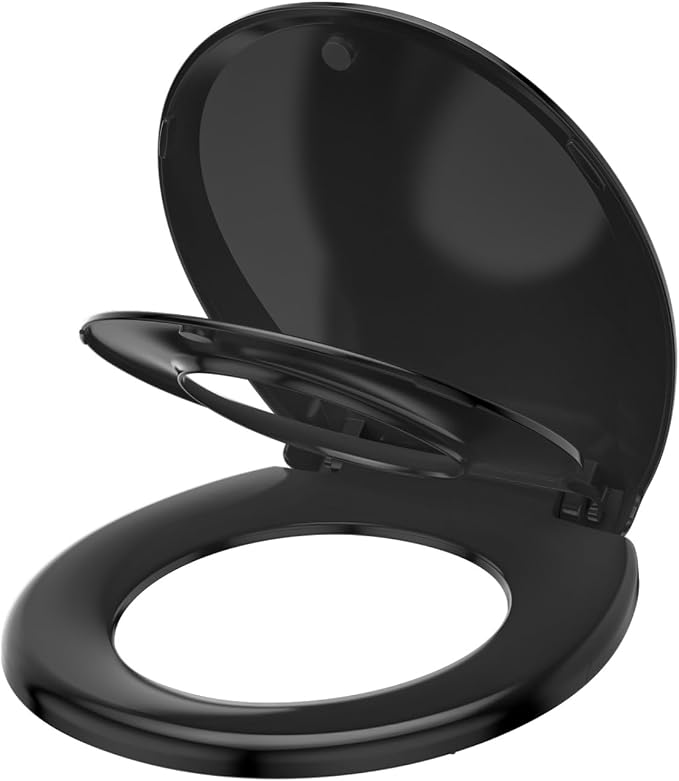 JINGZE Round Toddler Toilet Seat Adult/Child,Built-In Potty Training Seat, Soft Quiet Close Non-Slip Seat,Magnetic Kids Seat and Cover,Black