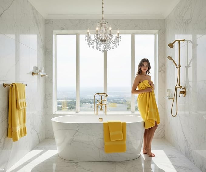 Bath Towels Set-100% Cotton-2 Towels, 2 Hand & Washcloths-Large, Quick Dry, Absorbent, Soft Plush-Home, Gym, Spa, Hotel, Pool, Shower -6 Piece Luxury Bathroom - Yellow