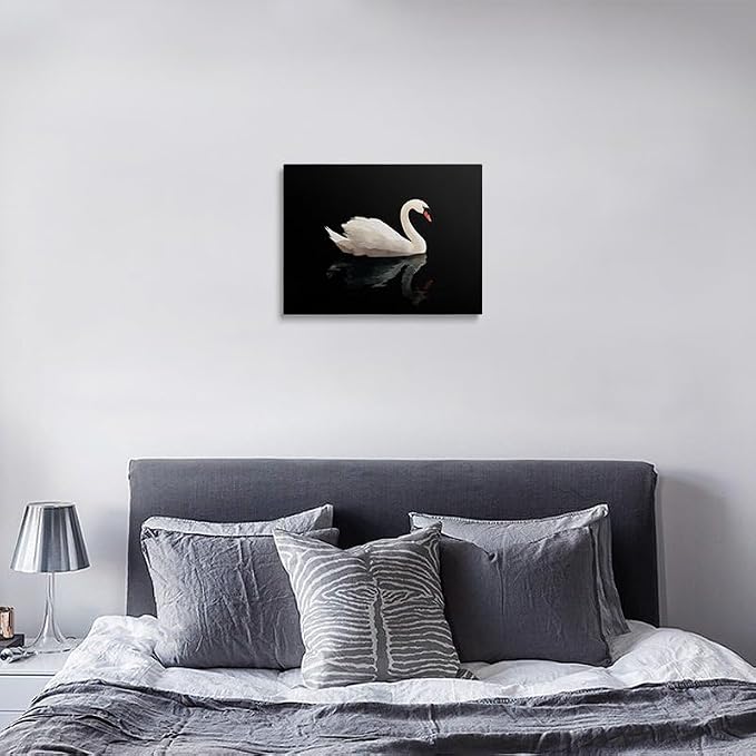 Black and White Swan on Water Canvas Wall Art Framed Print Painting Elegant Bird Wall Decor Artwork Poster Minimalist Modern Serene Nature for Living Room Bedroom Home Office Decor 12x16 Inches
