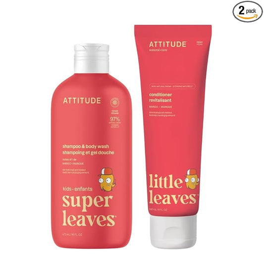 ATTITUDE Kids Shampoo, Body Wash & Conditioner Bundle, Set of 2, Mango, Vegan, Plant-Based, Dermatologically Tested