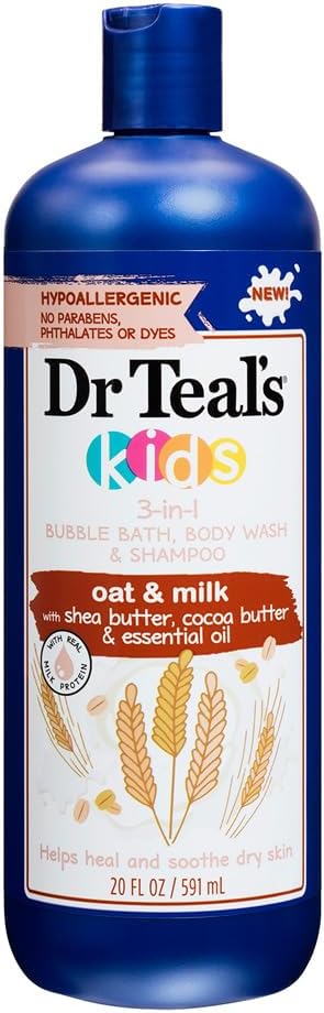 Dr Teal's Oat & Milk with Shea Butter, Cocoa Butter & Essential Oil 3-in-1 Bubble Bath, Body Wash, & Shampoo, 20 Fl Oz