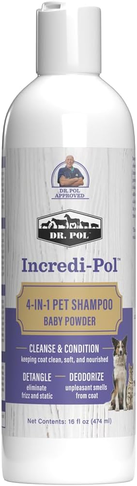 Dr. Pol Incredi-Pol 4-in-1 Pet Shampoo | Cleanse, Condition, Detangle & Deodorize | Luxurious Grooming for a Soft, Silky Coat | Baby Powder | 16 oz