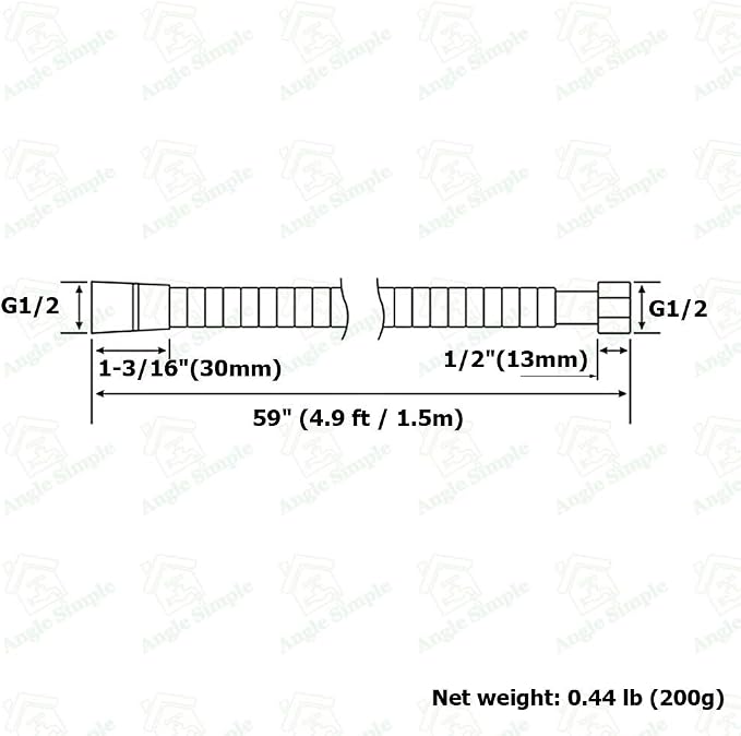 Angle Simple Flexible Shower Hose 59", Stainless Steel Handheld Shower Head Hose Replacement 1/2" IPS, Chrome